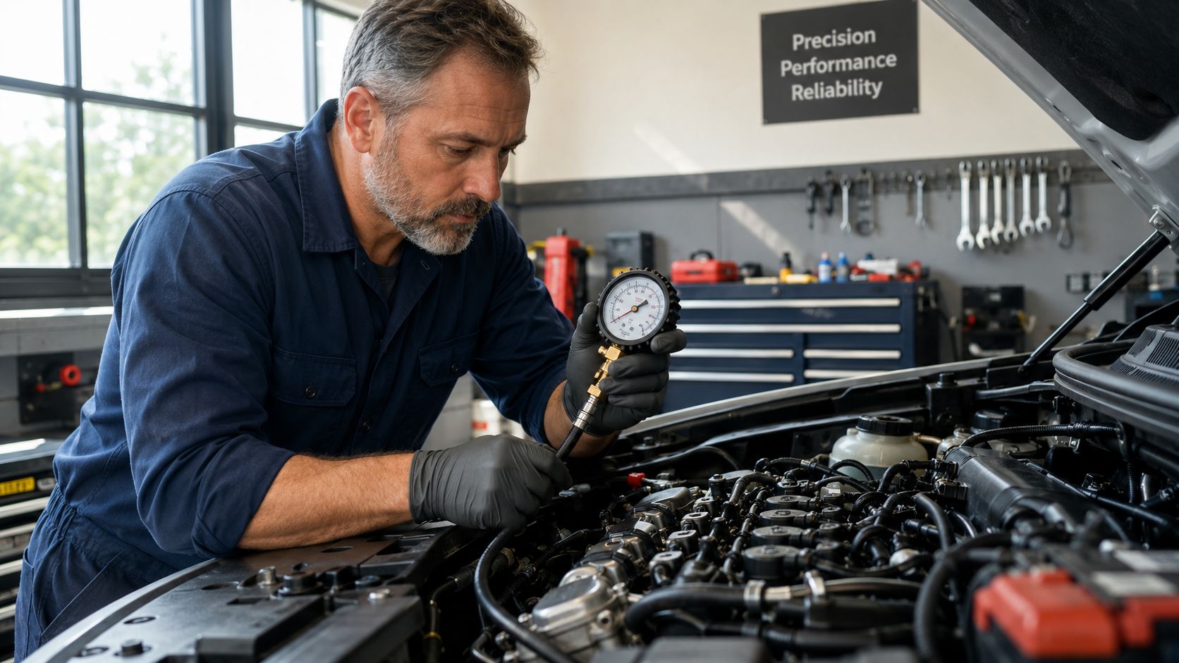 A professional mechanic wearing gloves performing a compression test on an engine in a repair shop.