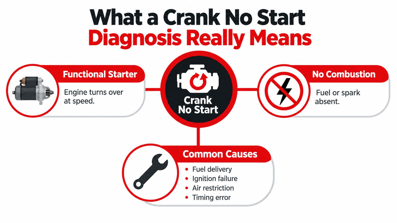 An educational infographic explaining the diagnostic definition and common causes of a crank no start vehicle issue.