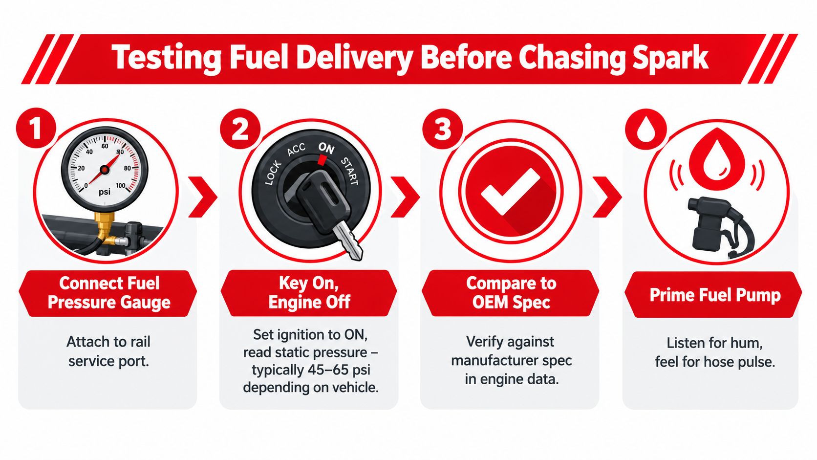 A four-step infographic illustrating how to test fuel system delivery pressure for vehicle troubleshooting.