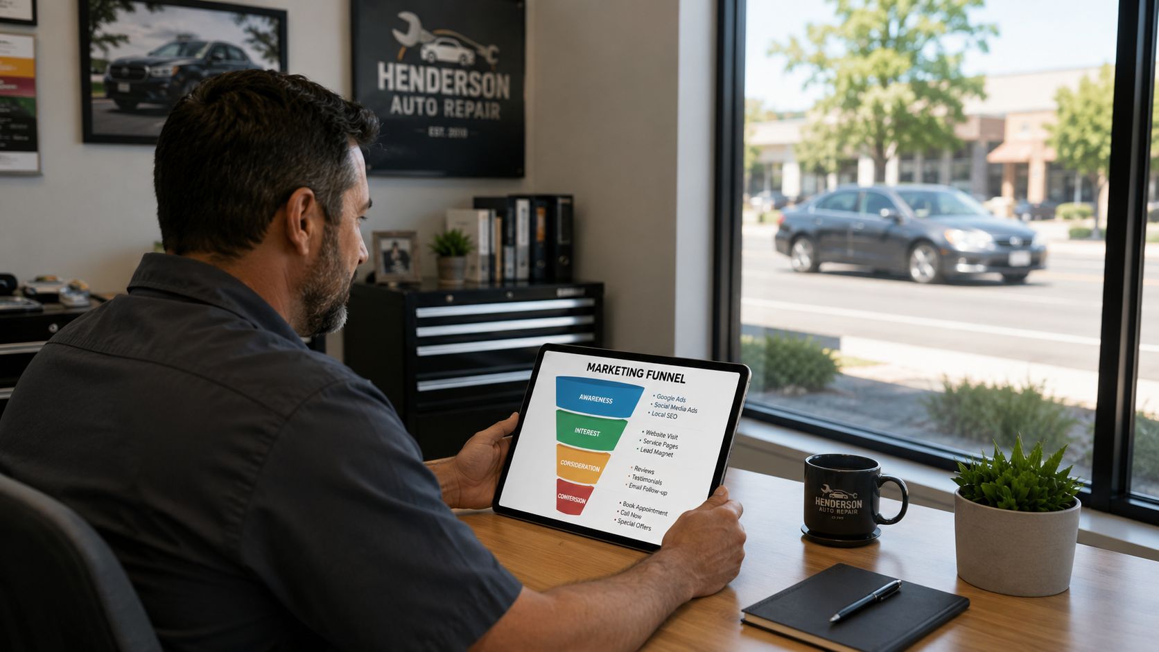 A car repair shop owner reviewing a marketing funnel strategy on a tablet at his desk.