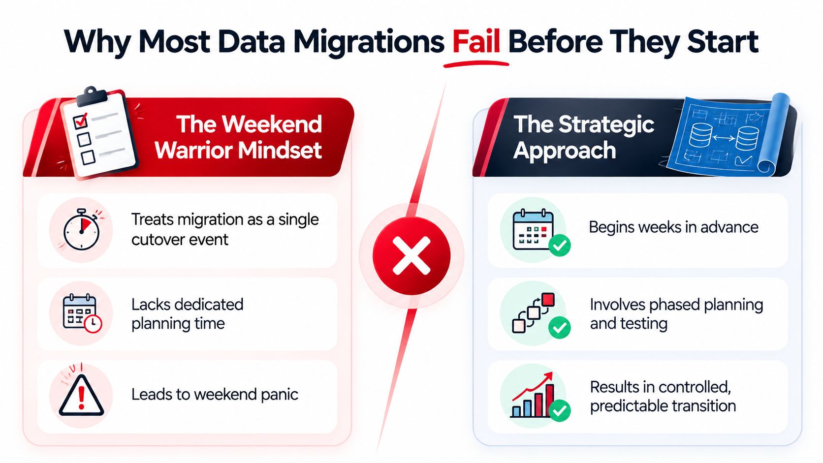A comparison chart showing the risky weekend warrior data migration mindset versus the safe strategic approach.