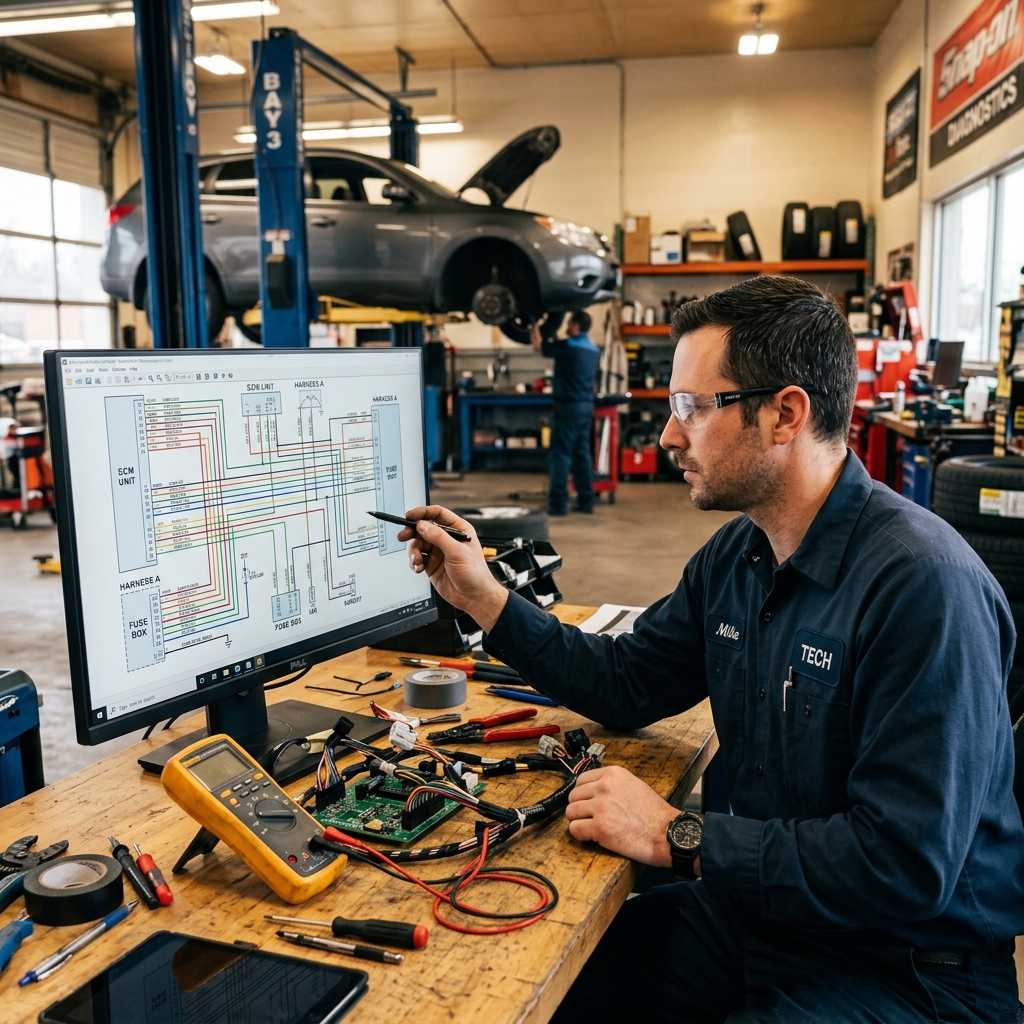 detailed vehicle wiring diagram displayed on a monitor in an auto repair shop, technician reviewing electrical schematic for diagnostics