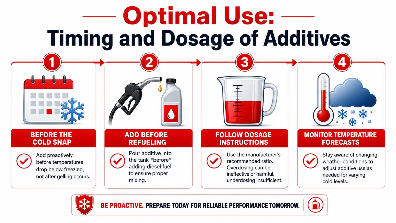 An infographic showing four steps for the proper timing and dosage of cold weather diesel fuel additives.