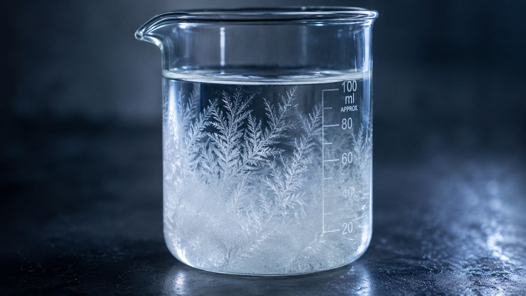A laboratory beaker containing liquid fuel forming intricate crystalline structures during a cold weather simulation test.