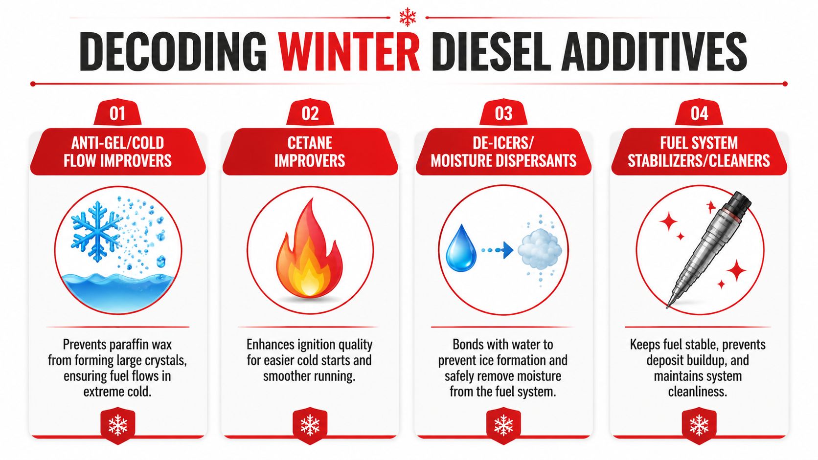 An infographic explaining four essential types of winter diesel fuel additives for cold weather performance.