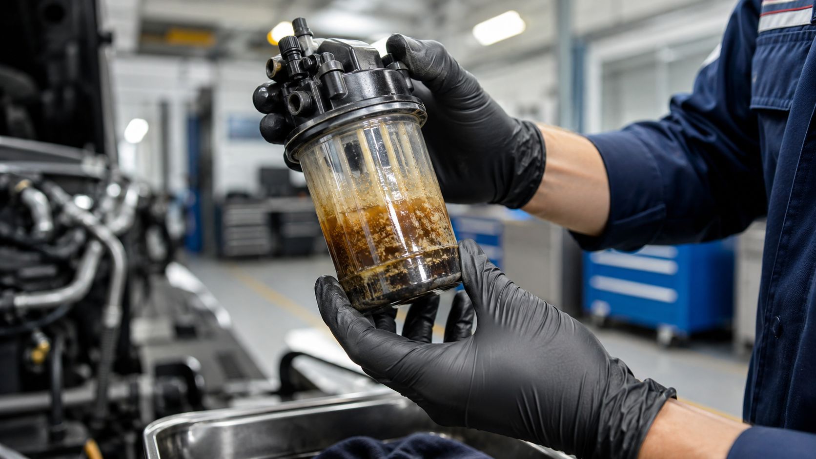 A mechanic in black gloves holds a dirty, sediment-filled fuel filter in an automotive repair shop.