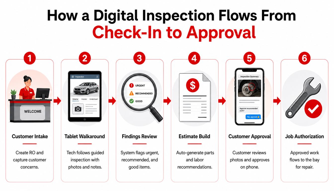 A diagram illustrating the six-step workflow of a digital vehicle inspection process from intake to final repair authorization.