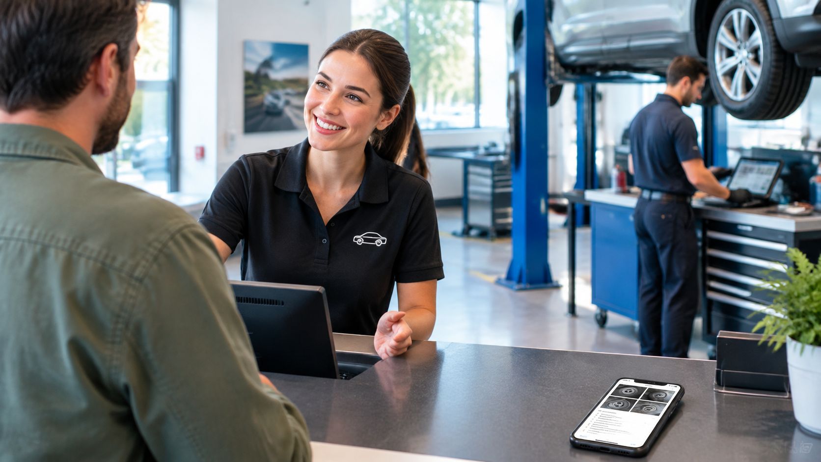 A service advisor smiling and talking to a customer at a dealership service counter with tablet display
