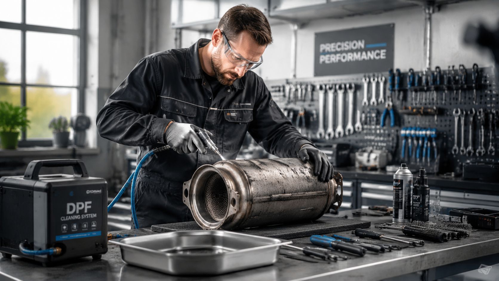 A professional mechanic in protective gear cleaning a vehicle DPF filter using specialized workshop equipment.