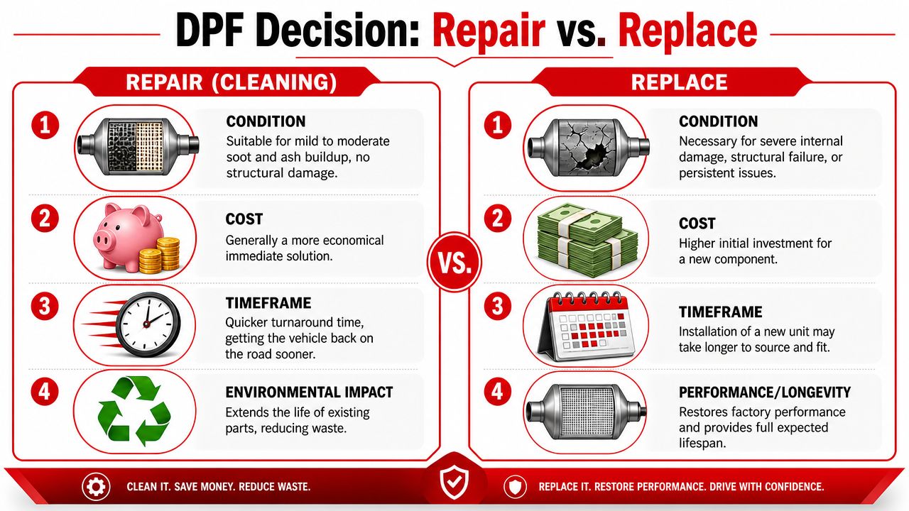 A comparison chart showing the differences between cleaning or replacing a diesel particulate filter, including costs and benefits.