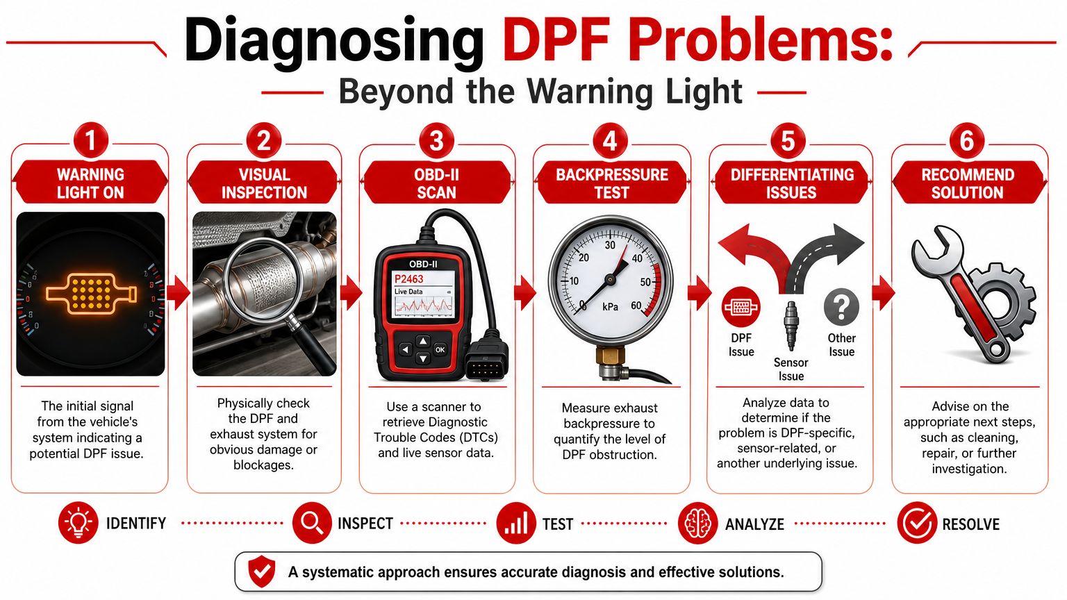 A flowchart showing the six-step professional diagnostic process for addressing vehicle diesel particulate filter DPF system problems.