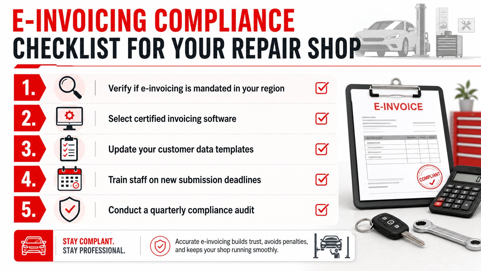 A checklist graphic illustrating five steps for repair shops to ensure compliance with e-invoicing regulations and standards.