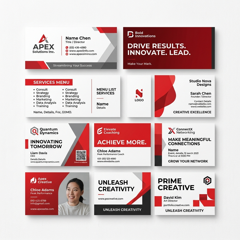 eight mobile mechanic business card styles laid out in a flat-lay arrangement on a clean white surface, showing varied designs