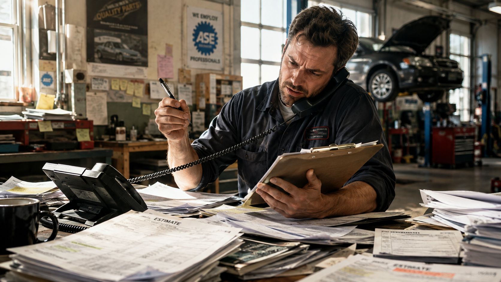 A professional mechanic in a workshop reviews paperwork and estimates while talking on a landline office phone.