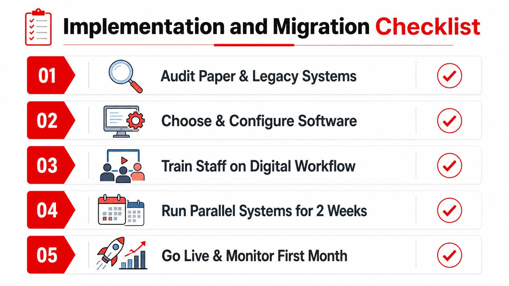 A five-step checklist for implementation and migration of digital business systems, from auditing to monitoring progress.