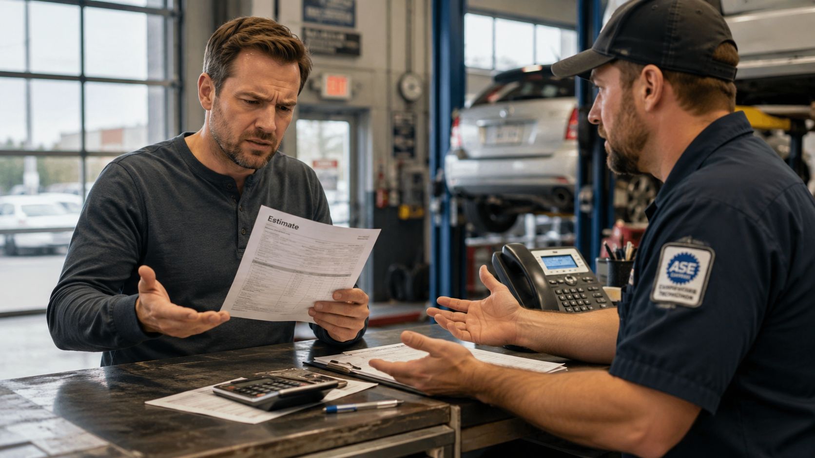 A concerned car owner reviews an auto repair estimate form while talking to a professional mechanic.