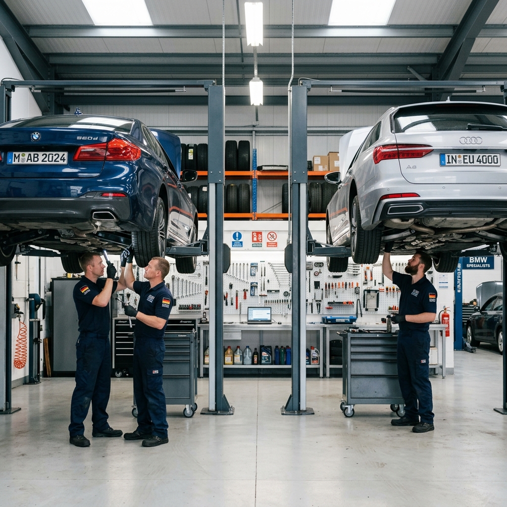 European import auto repair shop interior with BMW and Audi vehicles lifted on service bays, technicians working precisely.