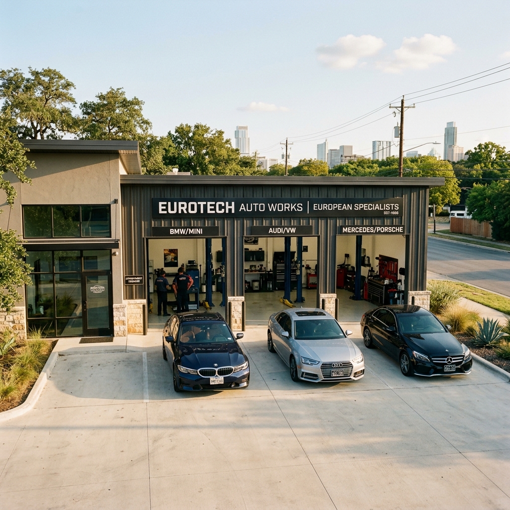 European luxury car repair shop in Austin with BMW, Audi, and Mercedes vehicles lined up outside the garage bays