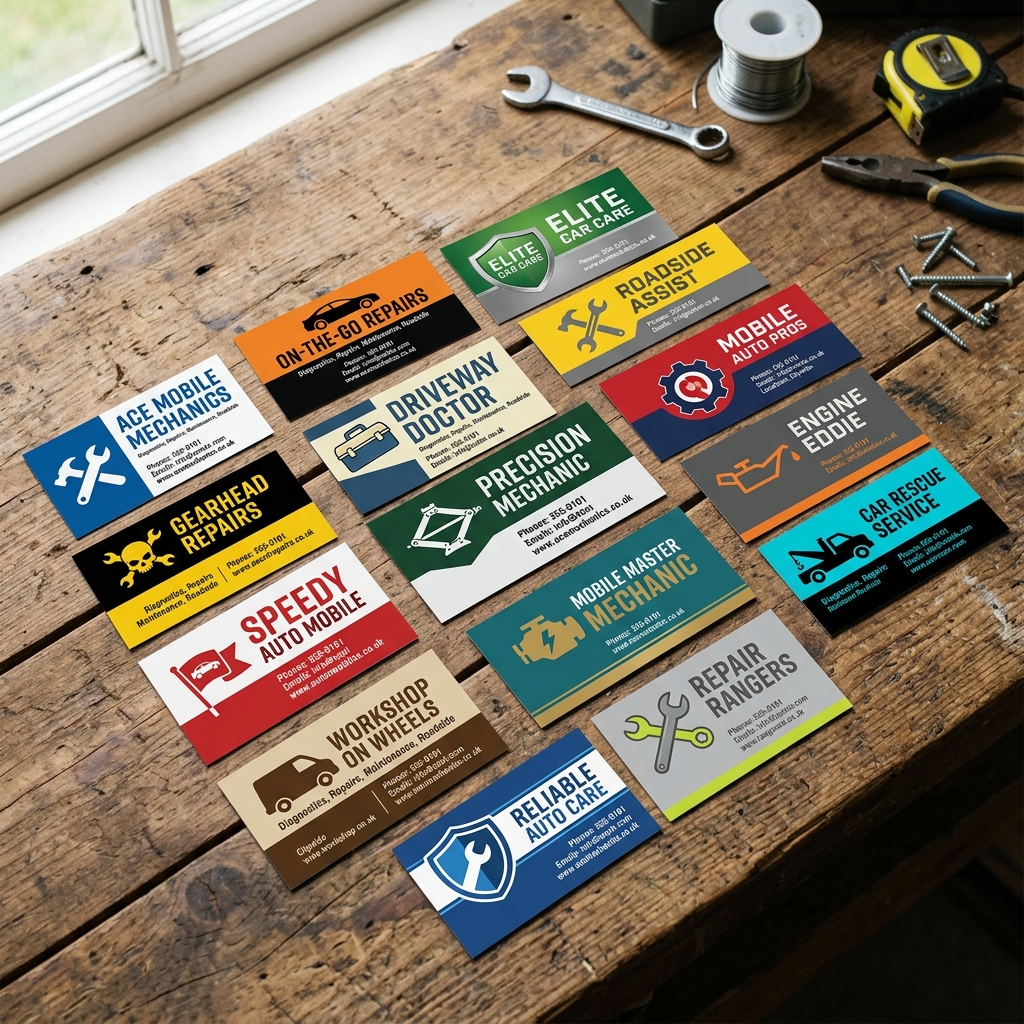 fifteen mobile mechanic business card designs spread out on a wooden workshop table, showing varied styles and layouts