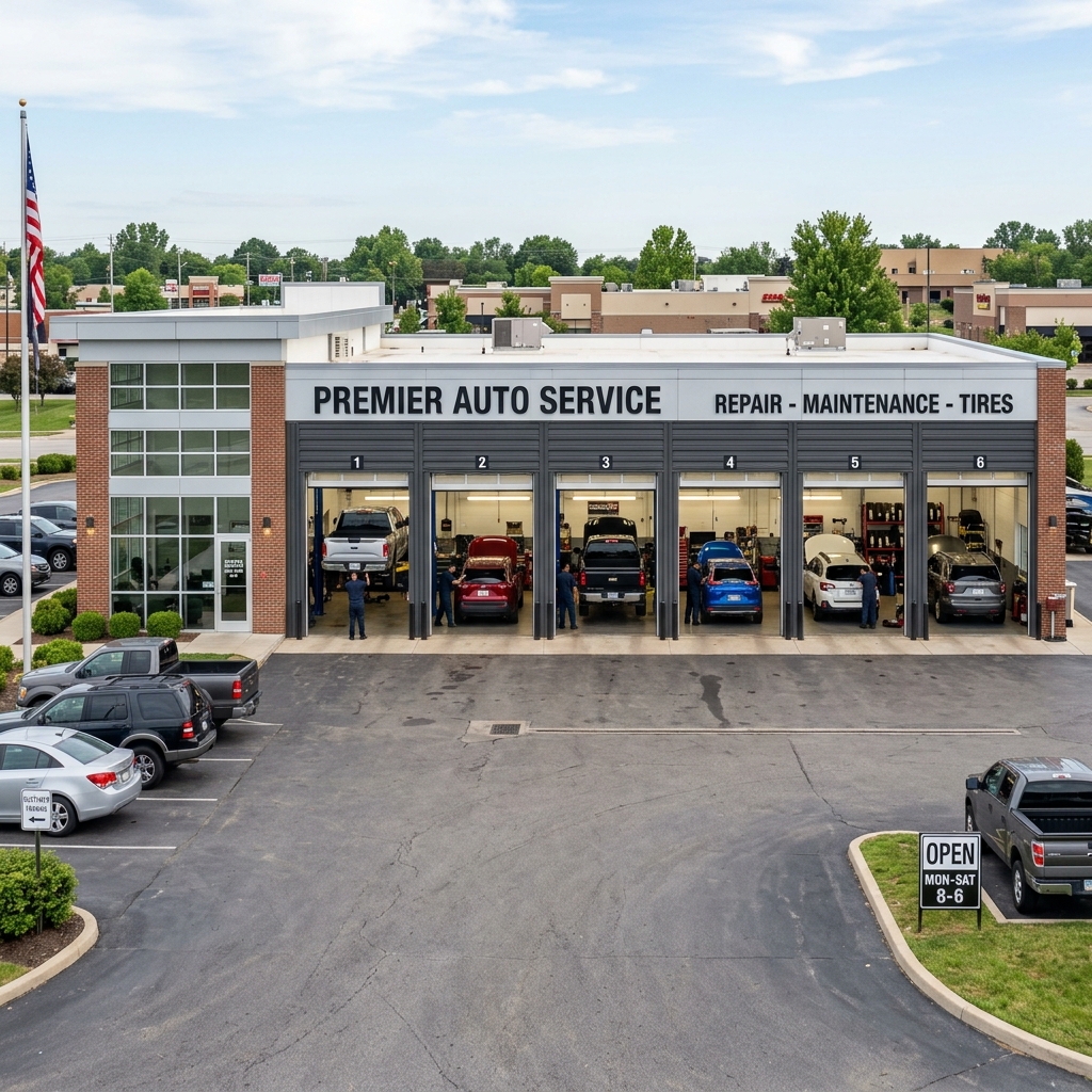 Firestone auto repair shop exterior with multiple service bays open and cars being serviced by mechanics in uniform