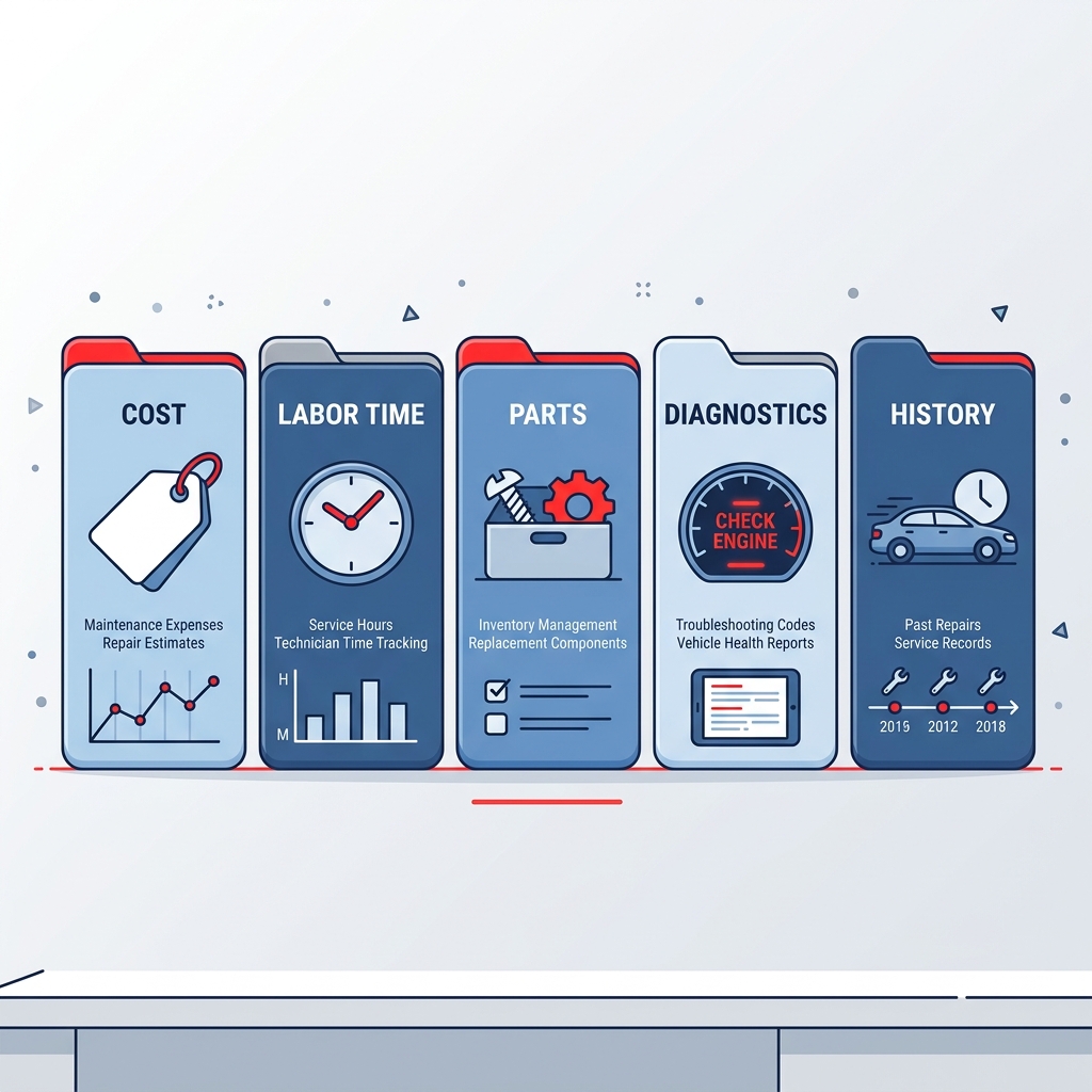 Five categories of car repair data displayed as organized folders and documents on a mechanic's workbench beside diagnostic tools.