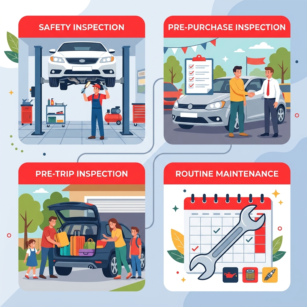 Four types of car inspections illustrated as a clean diagram with icons for safety, purchase, travel, and maintenance checks.