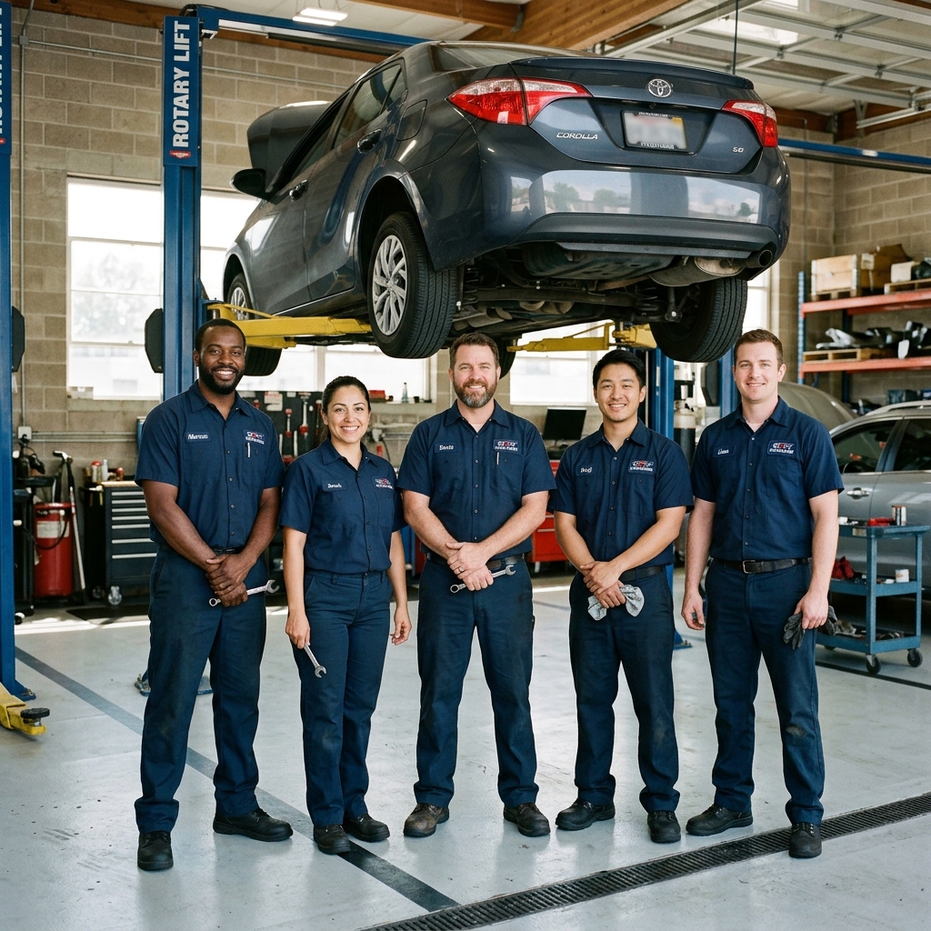 friendly auto repair team in shop uniforms standing together in a clean garage, smiling and ready to help customers