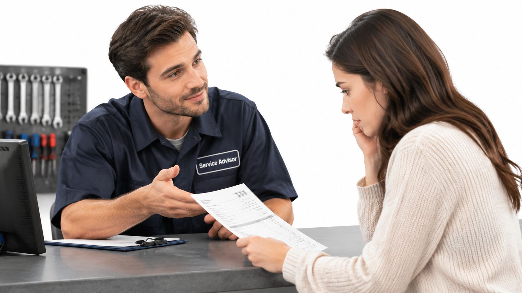 A professional service advisor explaining a car repair invoice to a concerned female customer at a desk.