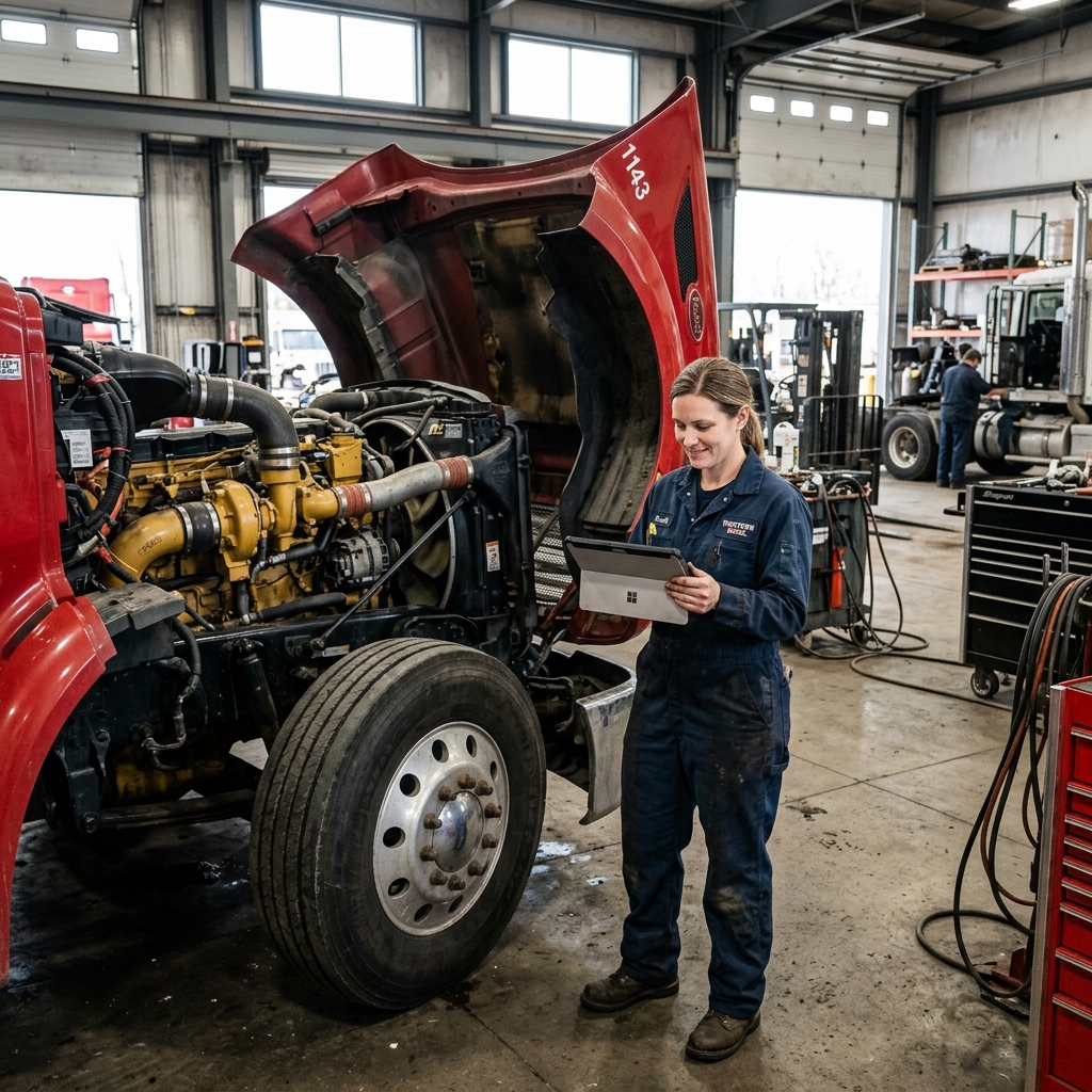 heavy-duty truck repair shop technician using tablet to manage service orders and invoices on a commercial truck