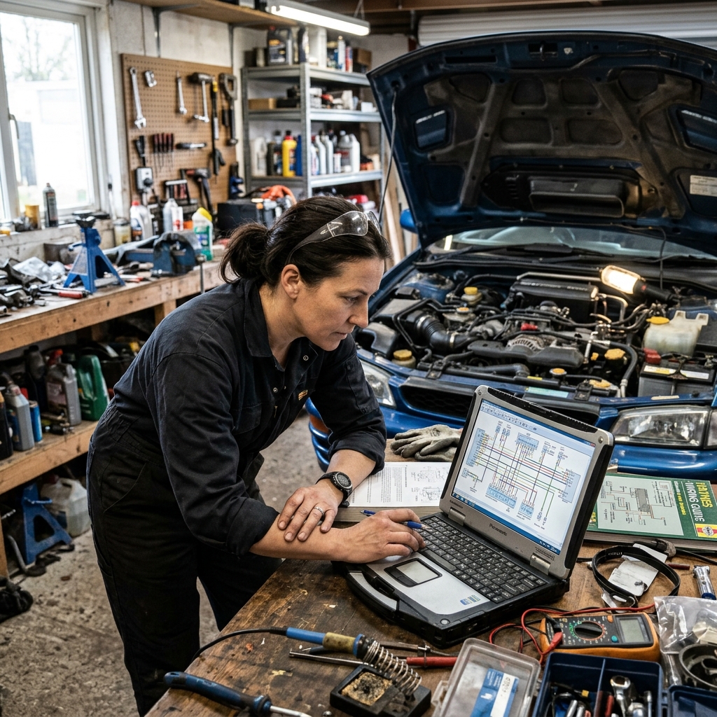 home mechanic at a workbench using a laptop displaying detailed wiring diagrams while repairing a car engine