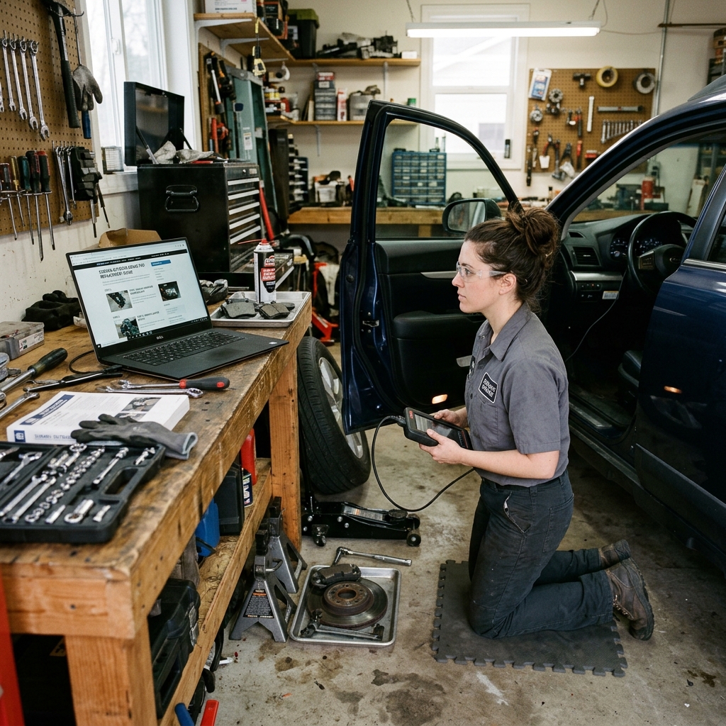Home mechanic using a laptop showing free OBD2 repair guides while holding a diagnostic scanner in a garage.