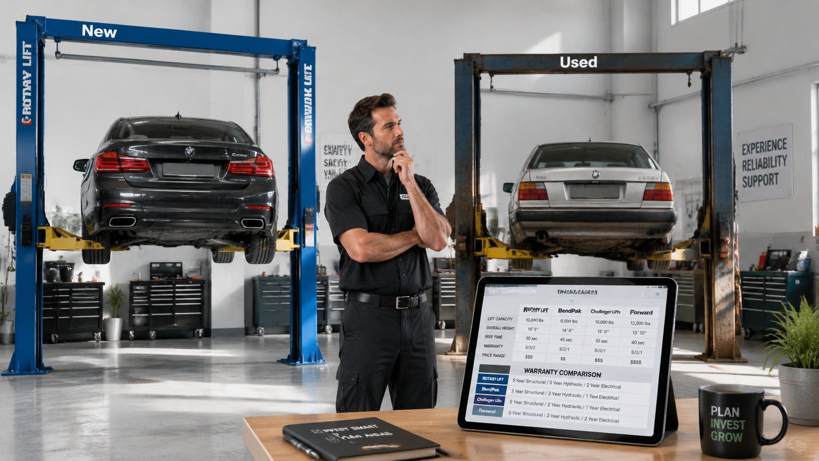 A technician standing between a new and used car lift, comparing equipment specifications on a tablet computer.