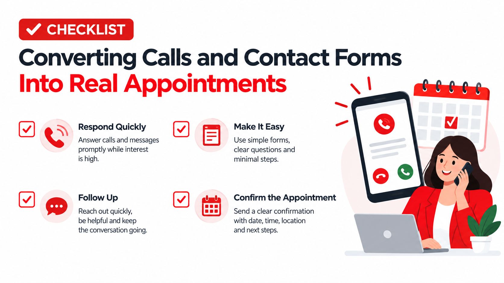 A checklist infographic illustrating tips for converting business inquiries from calls and contact forms into appointments.