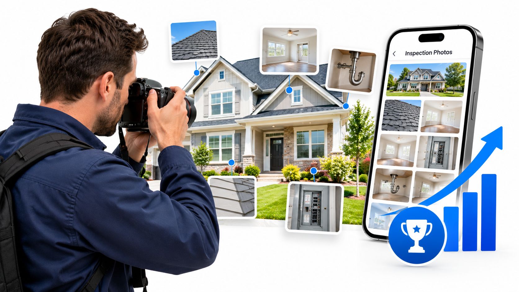 A professional home inspector taking photos of a residential property for a mobile inspection report application.