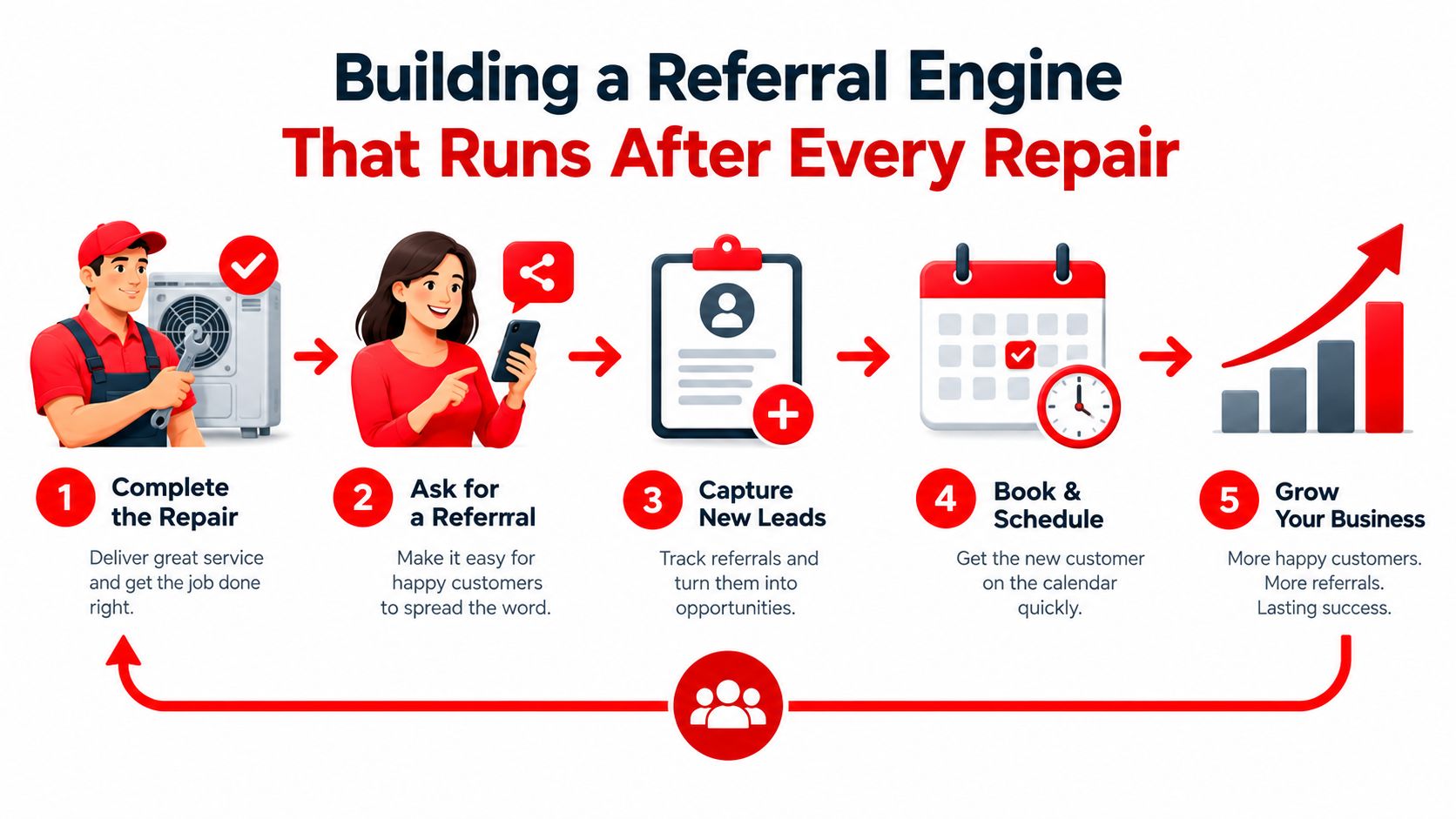 A five-step infographic showing how to build a customer referral engine to grow your service business.