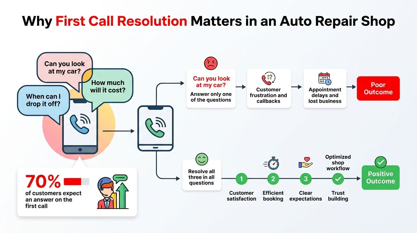 A flowchart showing the difference between poor and positive outcomes in auto shop first call resolution.