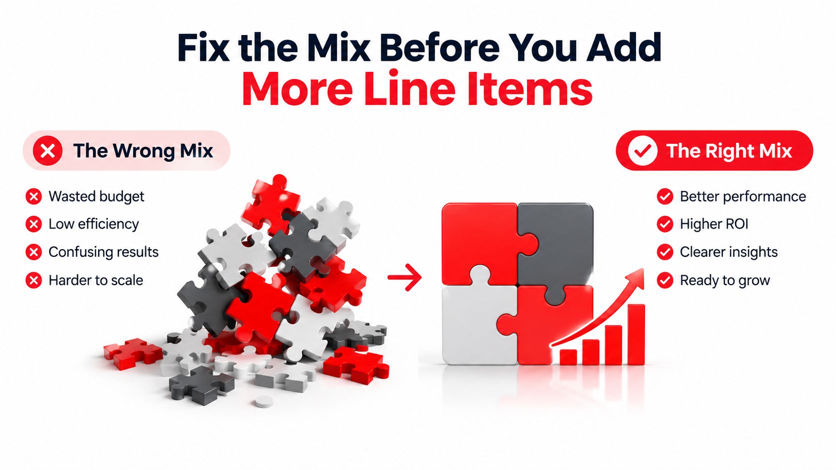 A diagram comparing a disorganized pile of puzzle pieces with an assembled square representing an optimized marketing mix.