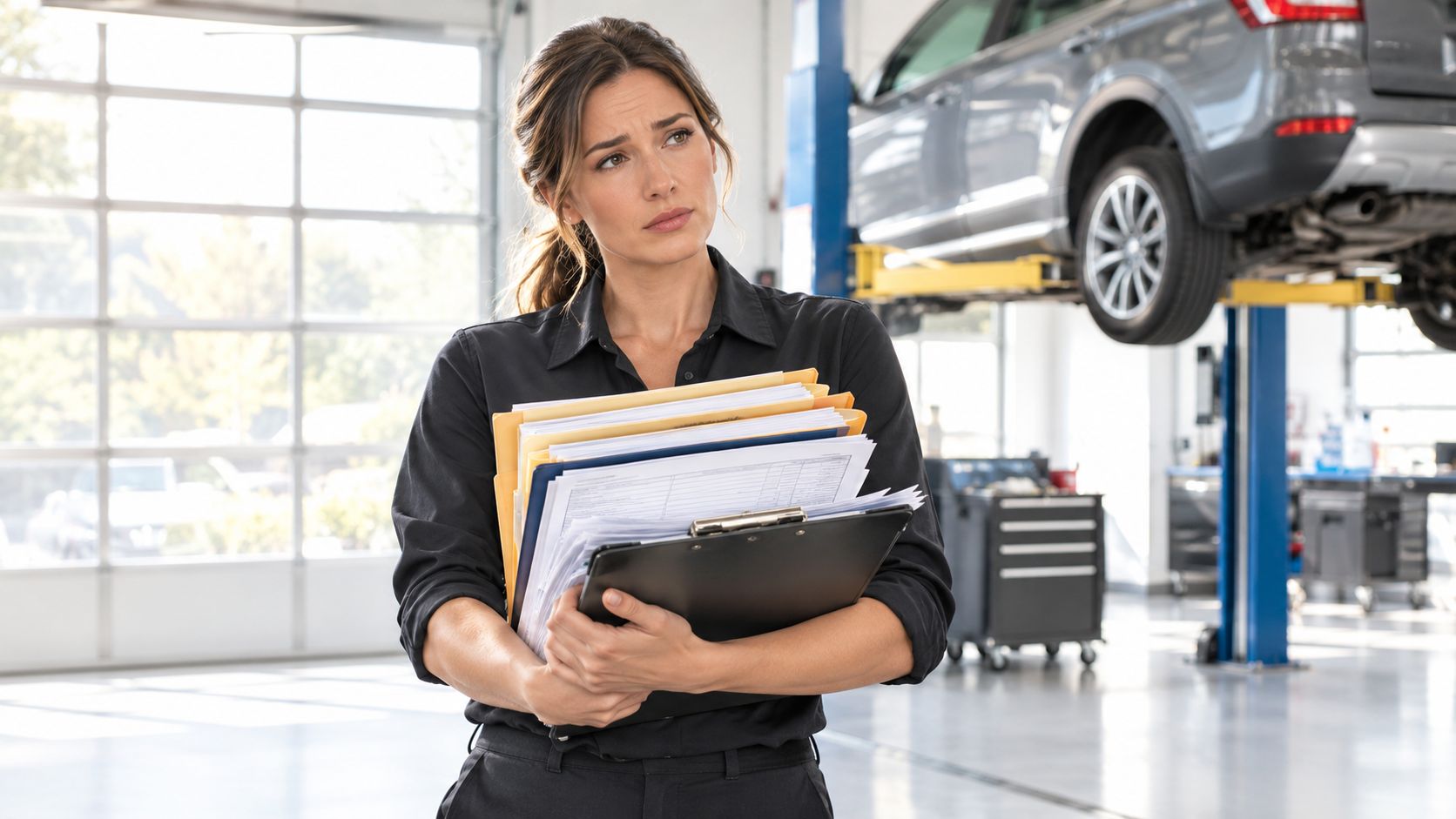 A worried female mechanic holding a stack of papers and a clipboard in an auto repair shop.