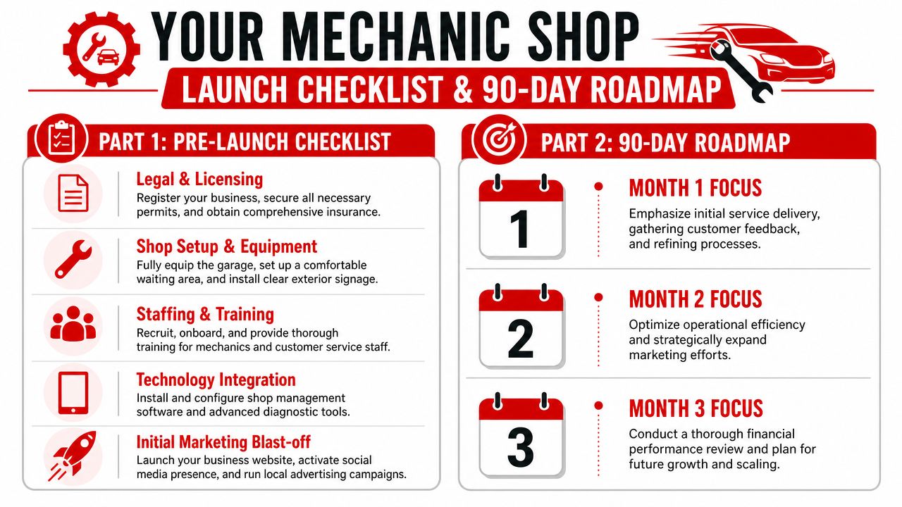 A comprehensive checklist and 90-day roadmap guide for launching a new professional mechanic shop business.