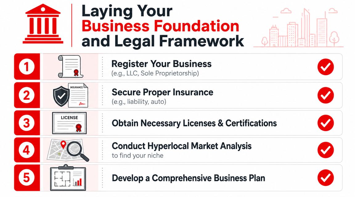 A checklist infographic outlining five essential steps for establishing a new business and its legal foundation.