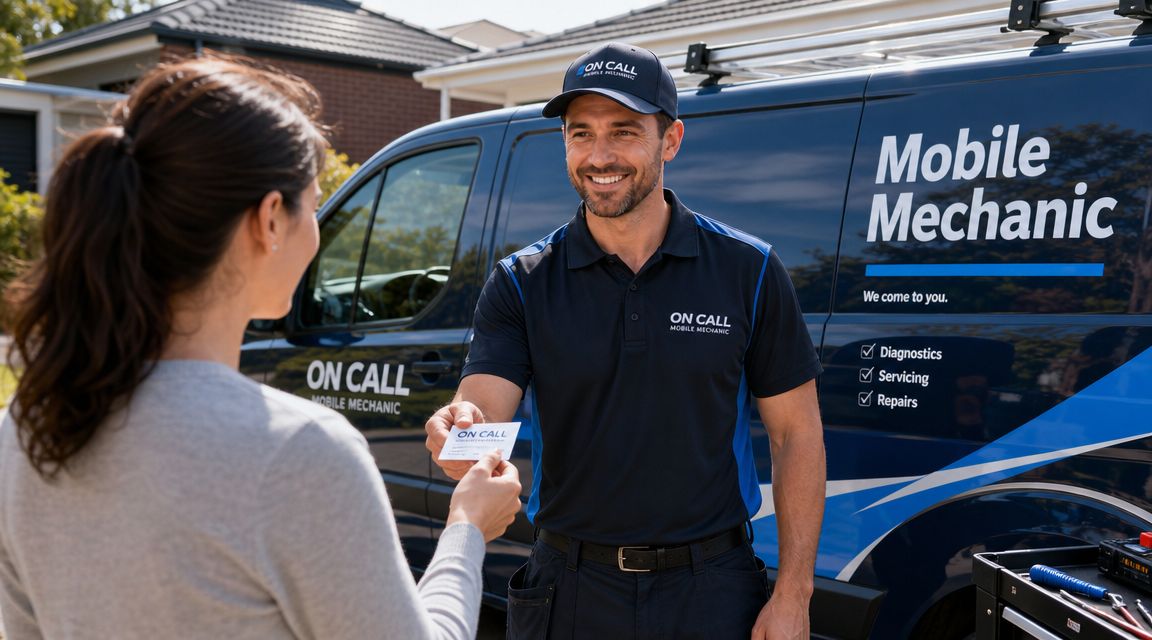 A friendly mobile mechanic handing a business card to a woman standing outside his service van.