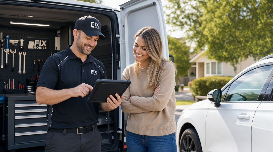 A professional mobile mechanic showing a work order on a tablet to a female customer outdoors.
