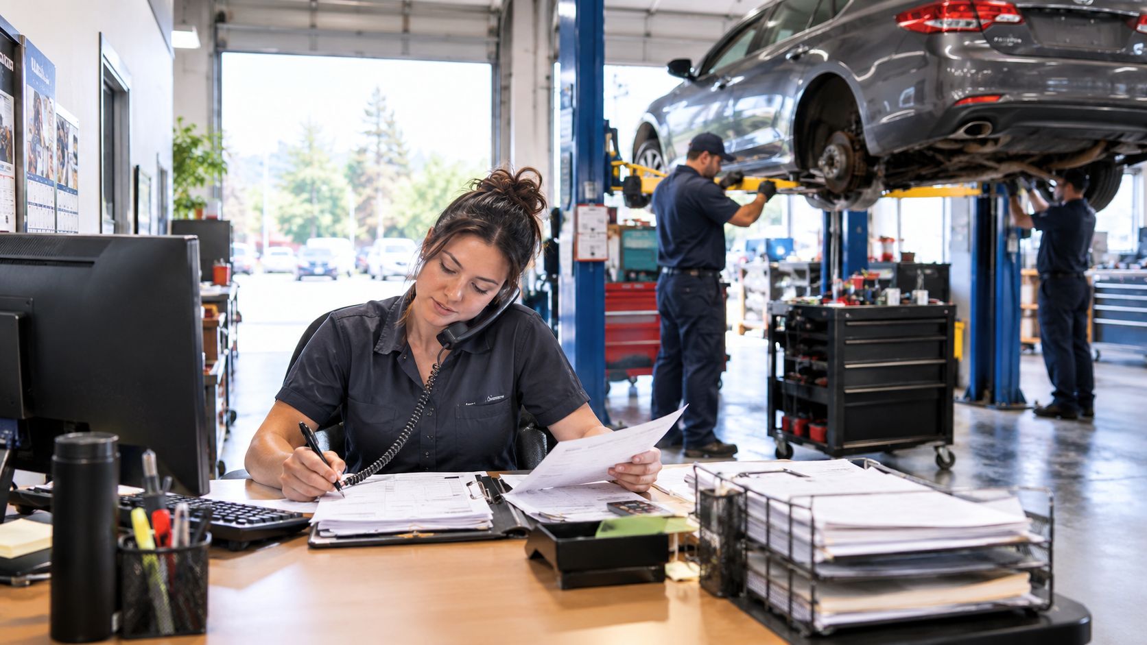 A service advisor taking a phone call while reviewing paperwork at a busy auto repair shop.