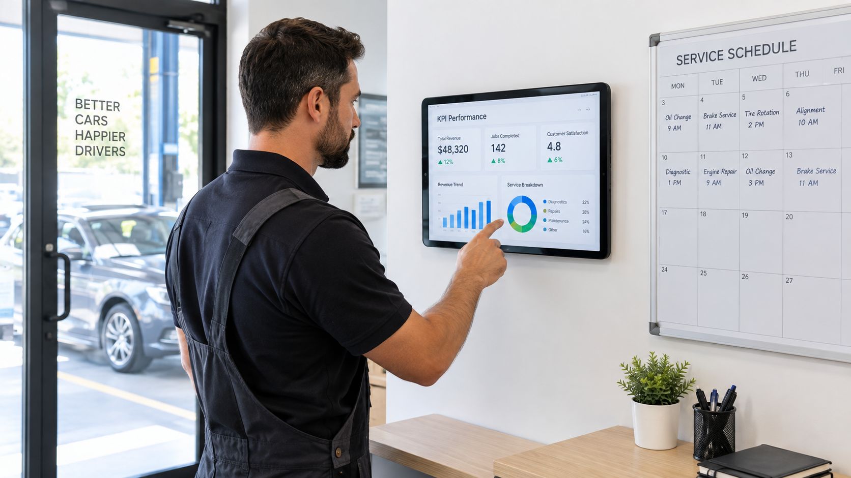 A mechanic in coveralls points at a digital screen displaying automotive repair shop key performance indicators.