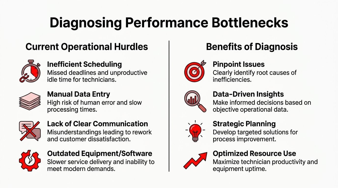 A chart illustrating the operational hurdles of business performance and the benefits of diagnosing those bottlenecks.