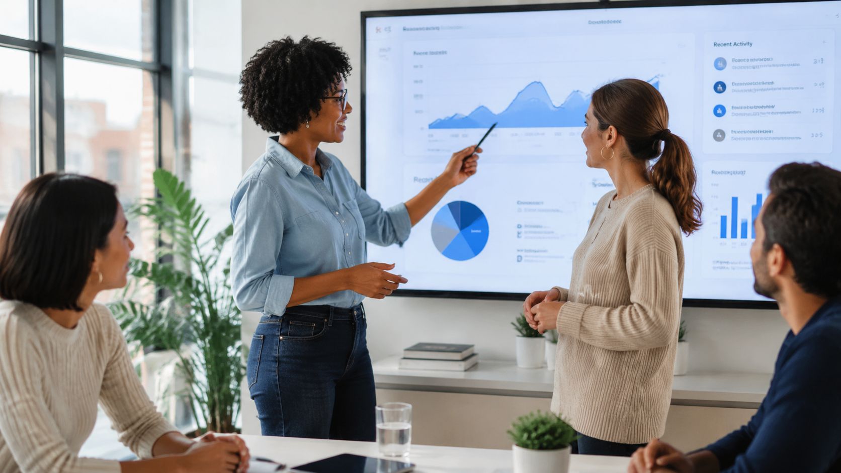 A professional woman presenting data charts on a screen to her engaged team in an office setting.