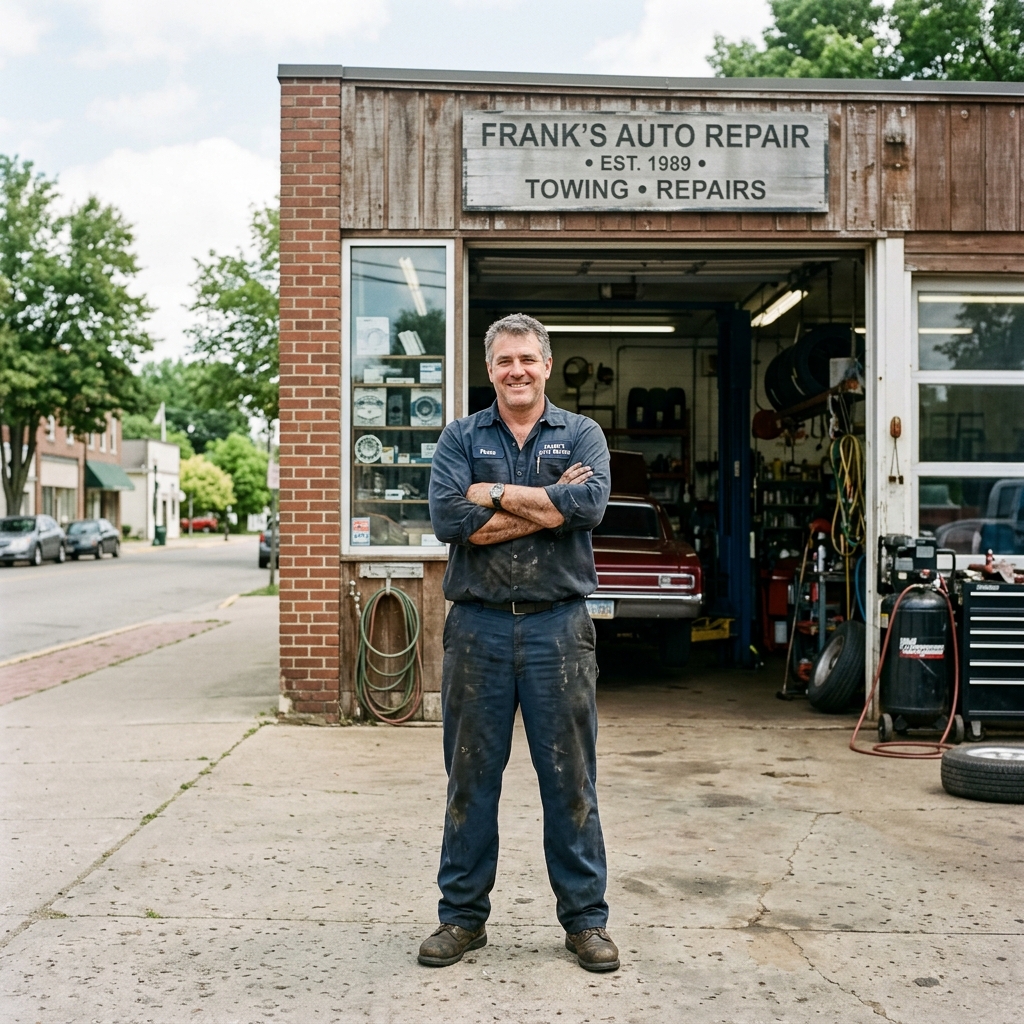 independent auto repair shop owner in work uniform standing proudly in front of his one-bay garage on a small-town street