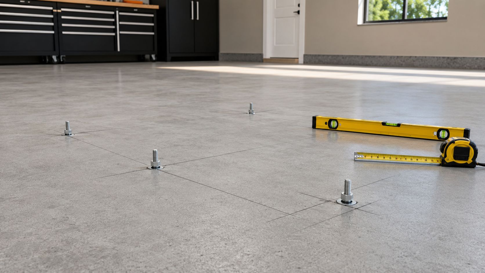 Concrete garage floor with anchor bolts installed for a post lift along with tools for precise measurement.