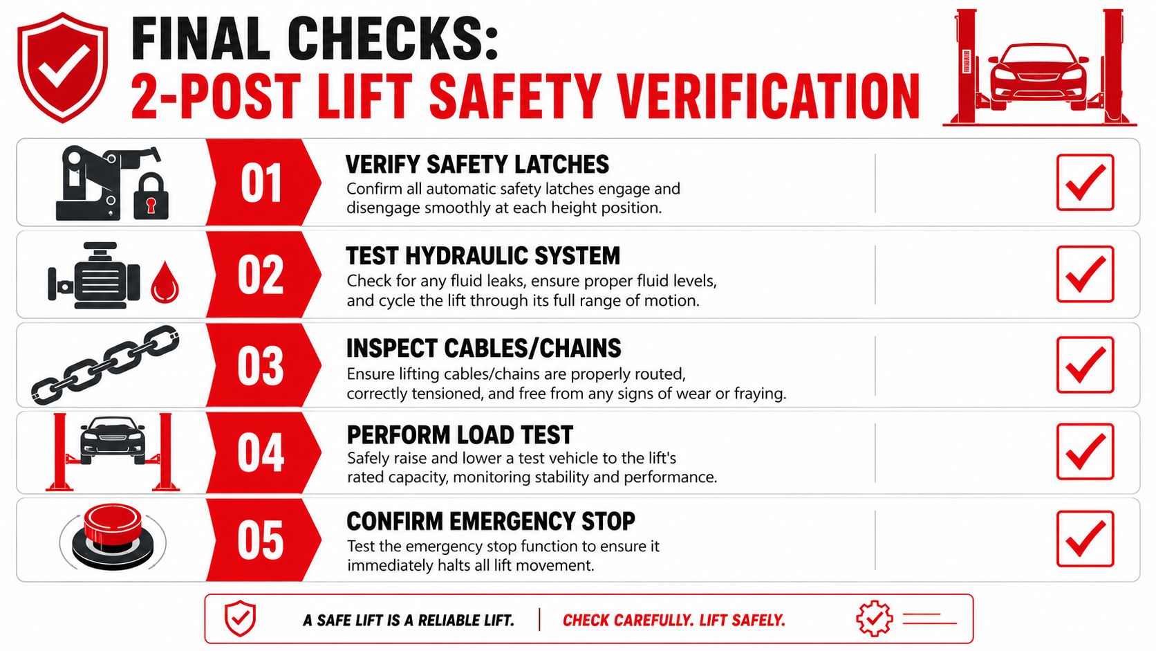 A safety verification checklist for a 2-post car lift with five key maintenance and operational steps.