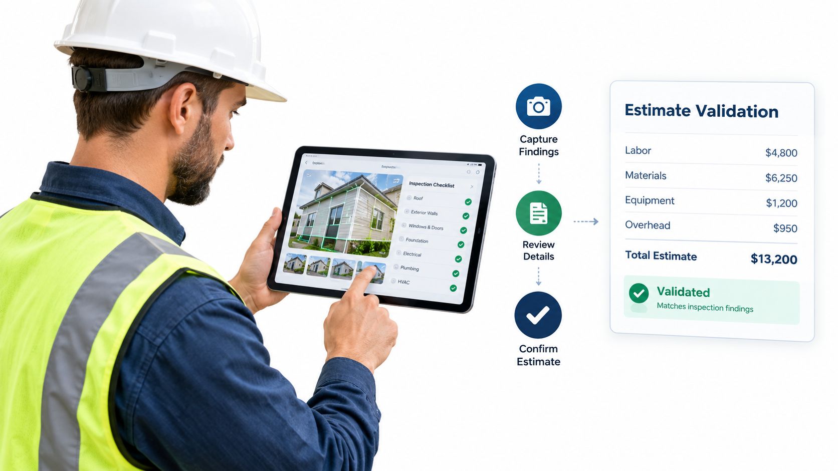 A construction inspector holding a tablet validating a digital estimate for a home repair project.